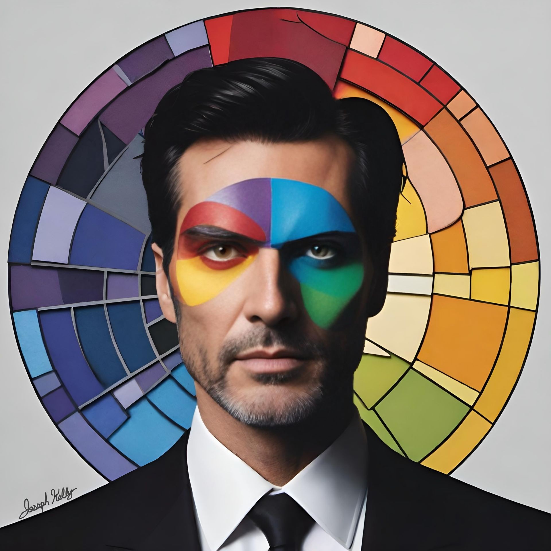 Person wearing a black suit and tie in front of a colorful circular stained-glass background.