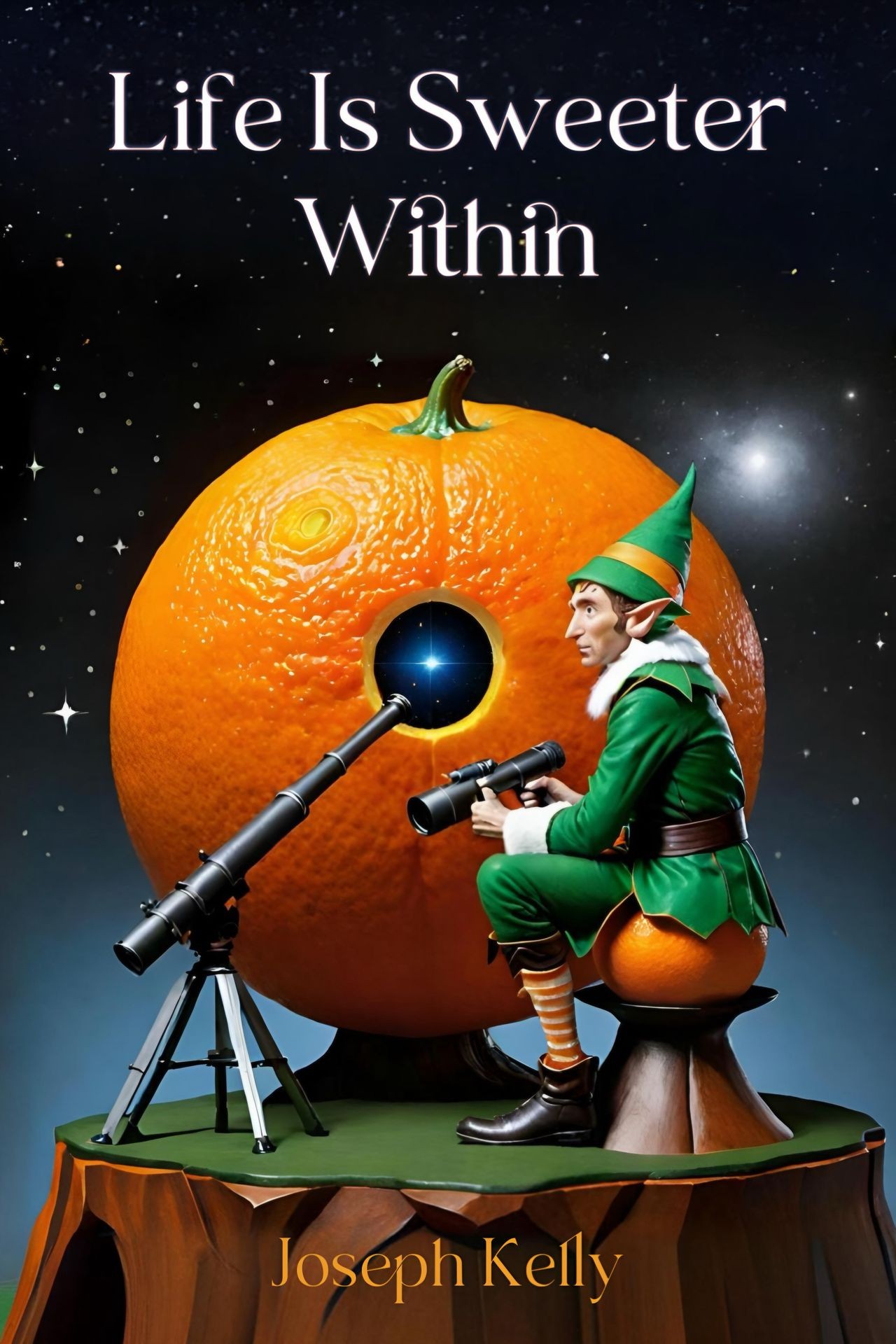 an elf looking through a giant orange with a telescope, underneath the starry night sky.