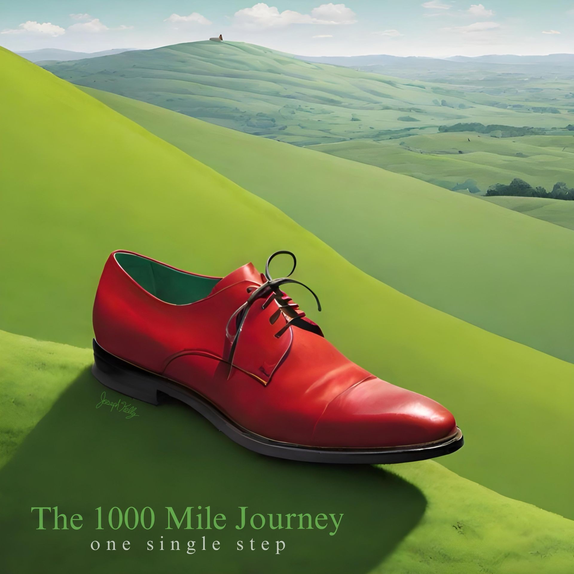 A red men’s dress shoe on a rolling green hill