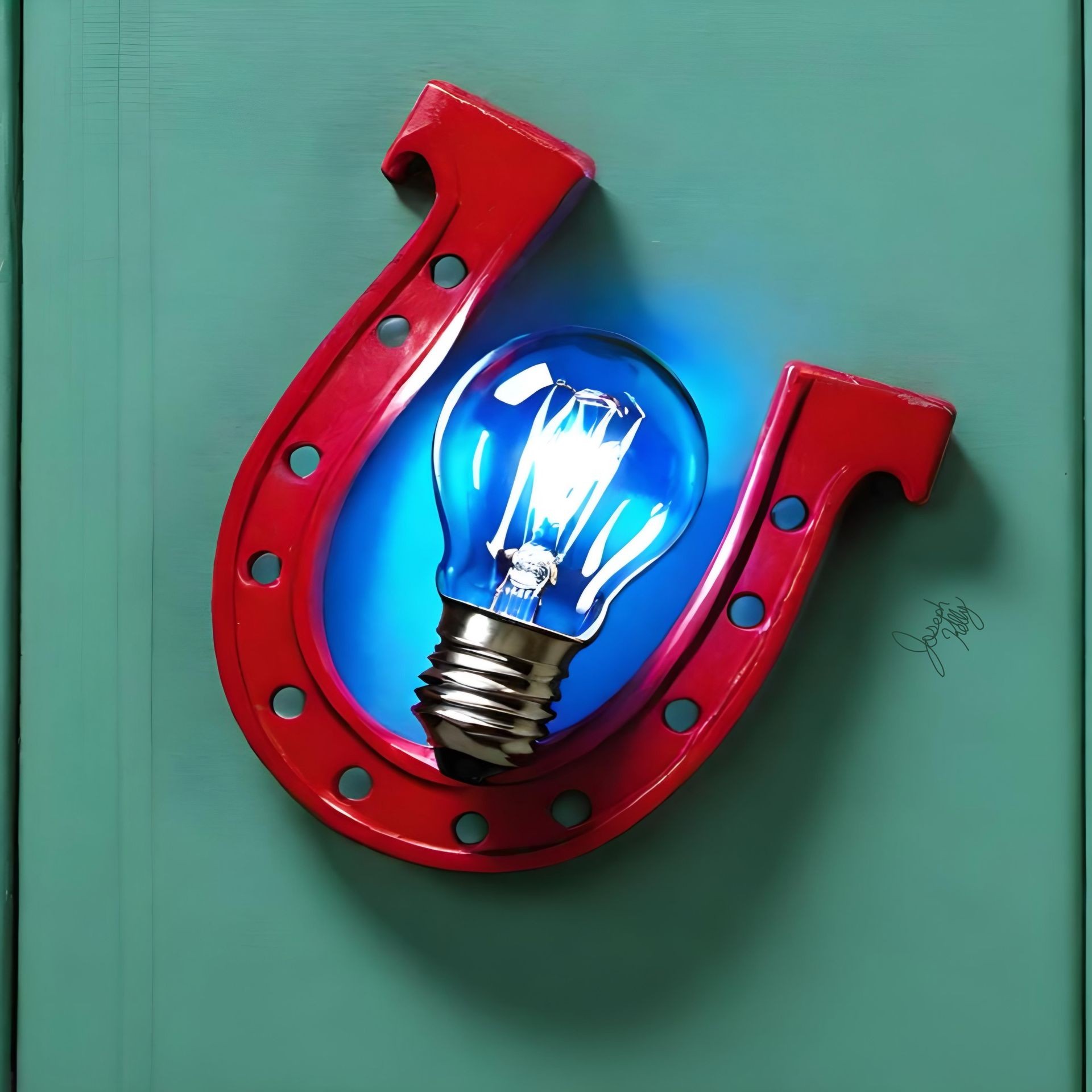 A blue electric lightbulb and a red horseshoe magnet on a green wooden background